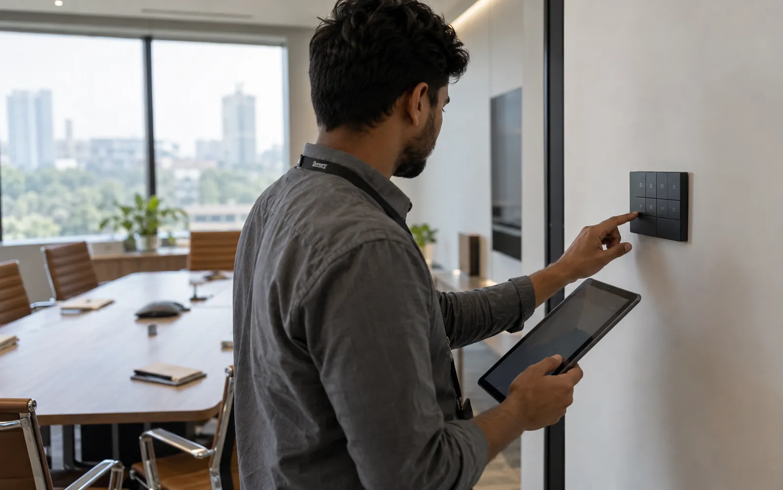 A technician checking a wall-mounted KNX keypad with a tablet in a finished office meeting room